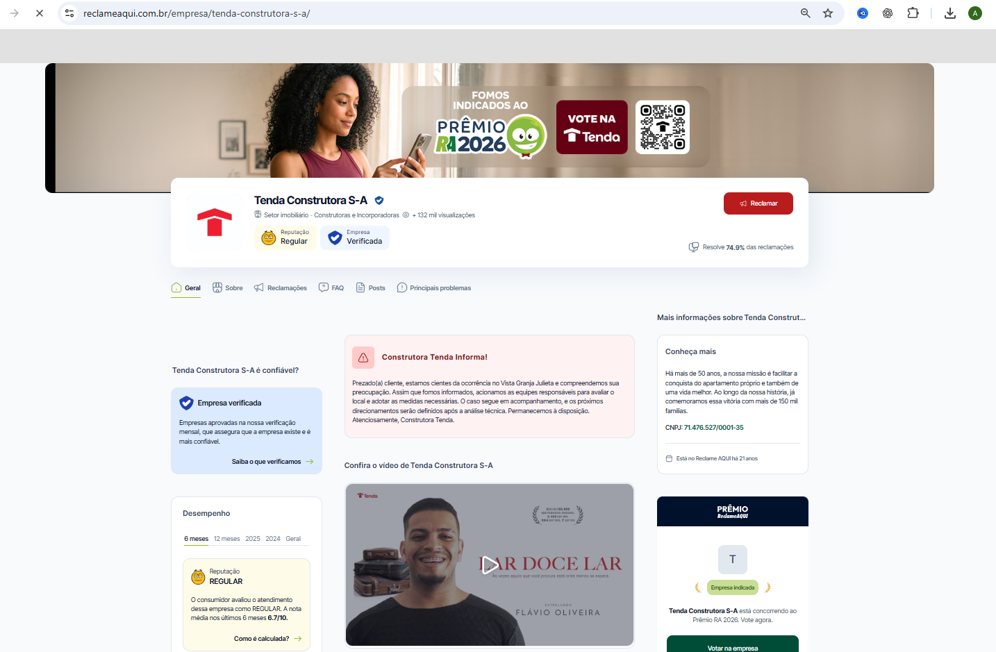 Print real do Reclame Aqui: Tenda Construtora S-A, reputação Regular, empresa verificada, resolve 74,9% das reclamações