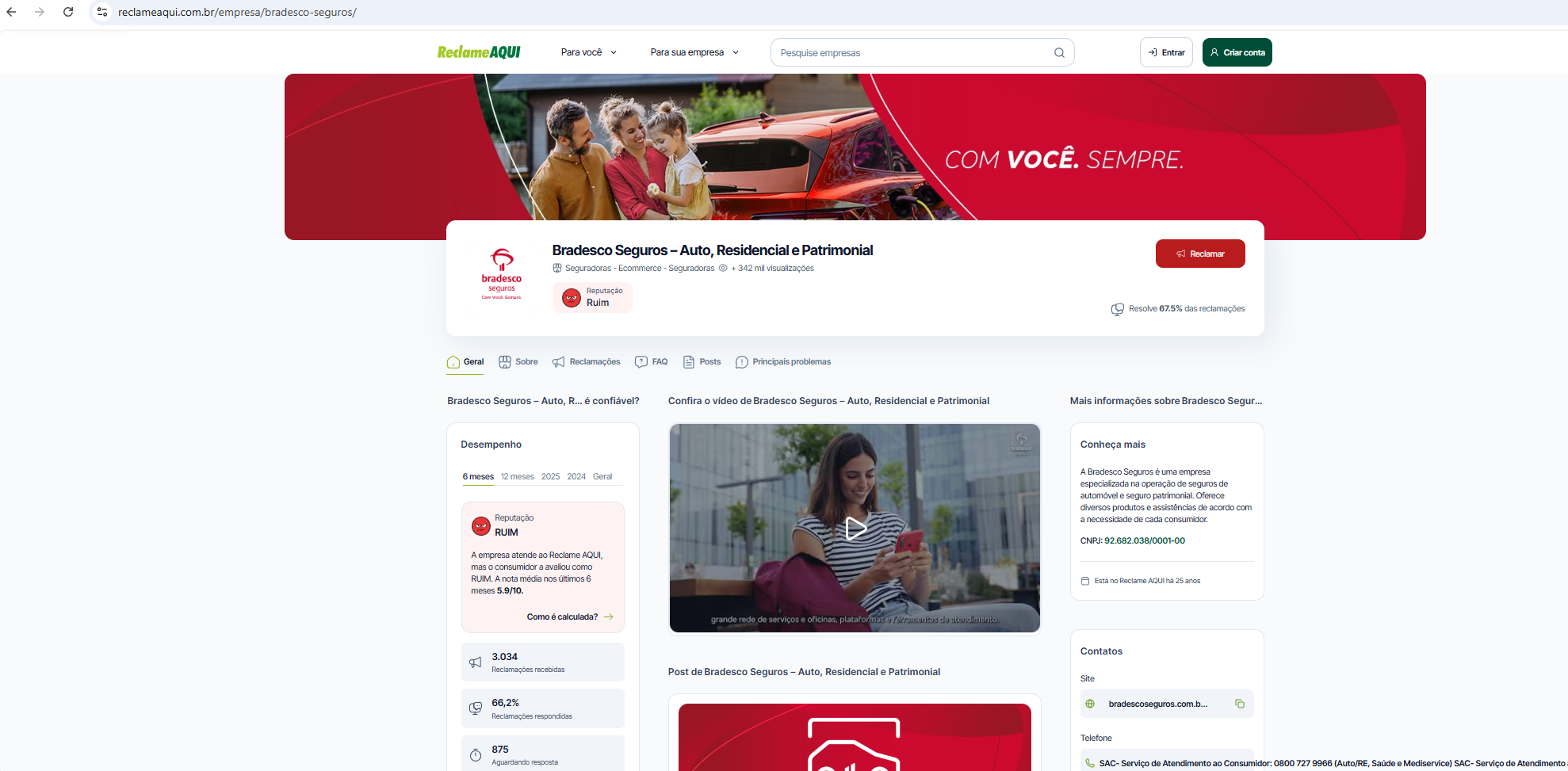 Print real do Reclame Aqui: Bradesco Seguros Auto, Residencial e Patrimonial, reputação Ruim e nota 5,9 de 10